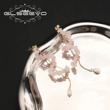 GLSEEVO Doğal Inciler Pembe Kristal Uzun Zincir Damla Küpe Kadınlar Için Retro Popüler Trend Tasarımcı Takı yıldönümü hediyesi
