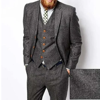 Gri Balıksırtı Tüvit Kış Erkek Takım Elbise Düğün için 2023 Damat Smokin Resmi Erkek Takım Elbise Moda 3 Parça ( Ceket + Yelek + Pantolon )