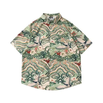 Gömlek erkek 2023 Vintage Vinç Baskı Kısa kollu Gömlek Vintage Gevşek Casual Çiçek Gömlek Camisas Y Blusas Erkek Giyim Рубазка