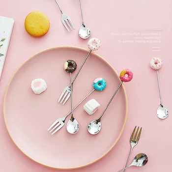 Güzel Sevimli 3D Çörek Kepçe Çatal Narin Komik Çay Kaşığı Tatlı Şeker Yemek Takımı Paslanmaz Çelik Tatlı Dükkanı Dondurma Kaşığı