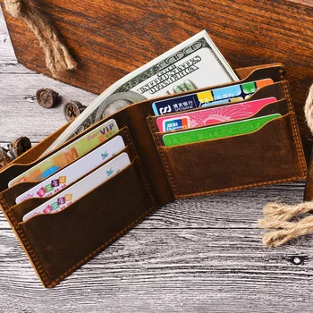 Hakiki Deri Cüzdan Bifold Çanta Vintage Çılgın At Deri Debriyaj Erkek cüzdan Retro Para Cebi erkek cüzdan