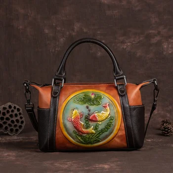 Hakiki Deri Çanta Tote askılı çanta Kadın Kabartmalı Kadın Tasarımcı Çiçek Vintage Üst Kolu Omuz Çapraz vücut Çanta