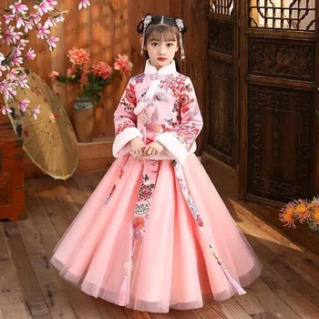 Hanfu Kız Kostüm Cheongsam Çin Yeni Yıl Bahar Festivali Giyim Kış Kalınlaşma Elbise Sıcak Performans Çiçek Çocuk Elbiseler