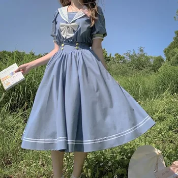 Harajuku Denizci Yaka Mavi Lacivert Elbise Tatlı Elbise Yay-düğüm Kız Retro Pamuk Kawaii Japon Lolita Kolej Tarzı yaz elbisesi