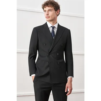 Ingiliz Tarzı Siyah Kruvaze Rahat Iş erkek resmi kıyafet Damat Düğün Ziyafet Elbise Yelek Ceket Pantolon