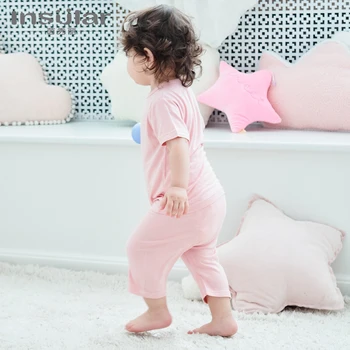 Insular Bebek Pijama Seti Modal İlkbahar Ve Sonbahar çocuk Bölünmüş Yüksek Bel Göbek Koruma Bebek Giysileri Düz Renk Elbise