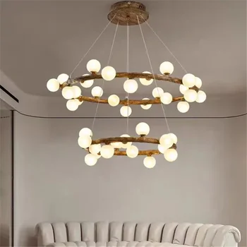 Iskandinav ahşap avize yüzük kişilik reçine ceviz ahşap sütlü beyaz cam ışık yemek odası yatak odası restoran asılı lamba