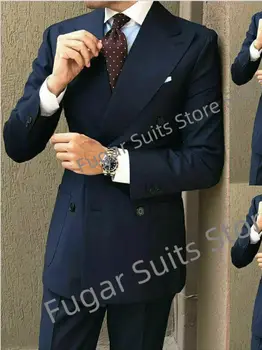 Iş Lacivert Düğün Erkek Takım Elbise Slim Fit Kruvaze Damat Resmi Tuxedos2Pieces Setleri Moda Erkek Blazer Kostüm Homme