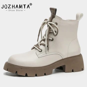 JOZHAMTA Boyutu 34-40 Kadın yarım çizmeler Flatform Gerçek Deri Kalın Topuklu Ayakkabı Kadın Dantel-Up Kış Ins Moda Platformu Çizmeler