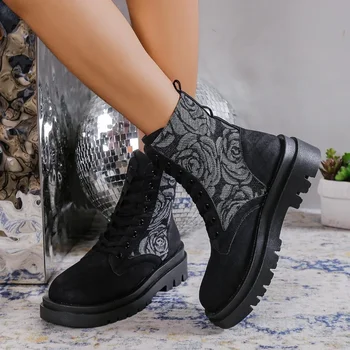 Kadın ayakkabısı 2023 Sıcak Satış Temel kadın Botları Sıcak Satış yarım çizmeler Kadın Baskı Ön Lace Up Yuvarlak Ayak Kare Topuk Ayakkabı Kadın