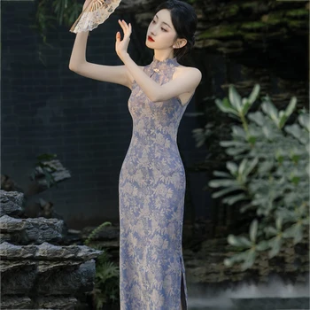 Kadın Baskı Çiçek Uzun Qipao Geleneksel Çin Mandarin Yaka Cheongsam Yaz Seksi Kolsuz Bölünmüş Elbise Zarif Vestidos