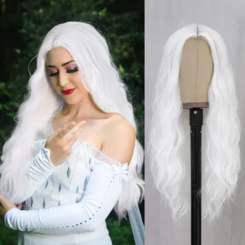 Kadın beyaz uzun kıvırcık dalgalı peruk orta kısmı sentetik peruk beyaz peruk günlük Cadılar Bayramı rol oynamak cosplay