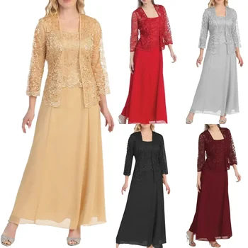 Kadın Elbise Setleri Iki Parçalı Uzun Kollu Kare Yaka Kazak Düz Renk Rahat Gevşek Fit Dantel Seksi Hollow Wrap Meme