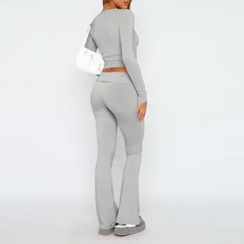 Kadın spor giyim seti kadın 2 parça spor giyim seti Uzun Kollu Yuvarlak Boyun T-shirt Slim Fit Yüksek Bel Pantolon Vintage Pilates