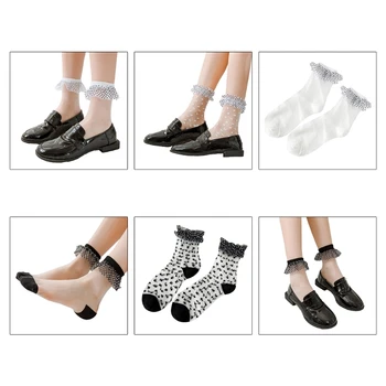 Kadın Yaz Ince Kristal Cam Elyaf Ayak Bileği Çorap Tatlı Polka Dot Fırfır Dantel Üst Harajuku Şeffaf Çorap 37JB