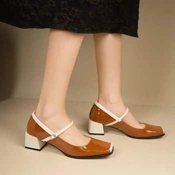 Kadın Yüksek Topuklu Bahar Yeni Stil Rahat Kalın Topuk Tek ayakkabı Düz Renk Sığ Ağız Kare Ayak kadın ayakkabısı