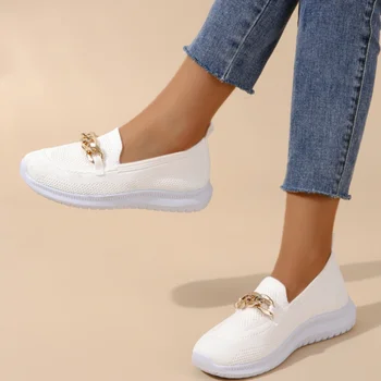 Kadın Zincir Daireler Kadınlar için Yuvarlak Ayak Kayma rahat ayakkabılar Kumaş Daireler Nefes Rahat yürüyüş ayakkabısı Beyaz Ayakkabı Kadın