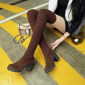 Kadın Çorap Çizmeler Topuklu Diz Üzerinde Botas Feminina Kadın Uzun Elastik Botines sonbahar Kış Yeni Marka Örgü Peluş