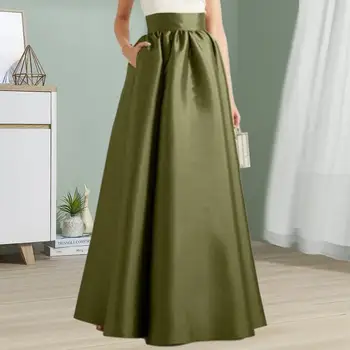 Kadınlar Yüksek Bel Etek Alevlendi A-line Etek Zarif Vintage Saten Maxi Etek Yüksek Bel Cepler Kadınlar için A-line Sonbahar için