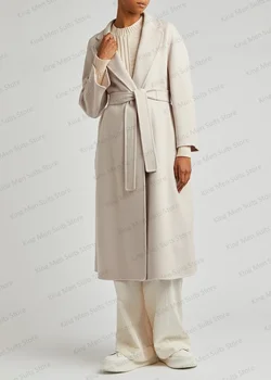 Kapalı Beyaz Yün Kaşmir Kadın Takım Elbise Uzun Blazer Palto Kemer İle Kış Kalın Uzun Ceket Custom Made Ofis Bayan Balo Elbise