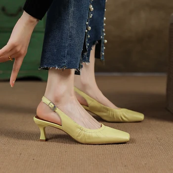 Kare Ayak Kadın Pompaları 5.5 cm Bahar Sonbahar Med Topuk Kadın günlük ayakkabı Arkası Açık İskarpin Yumuşak Koyun Derisi Sandalet Rahat PumpsSummer Sandalet