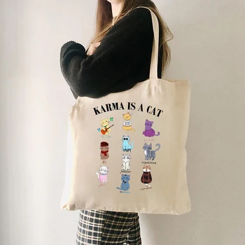 Karma Bir Kedi Tote Çanta Günlük Gidip Kanvas omuz çantaları Moda Katlanır Çocuk Debriyaj Büyük Kapasiteli Alışveriş Organizatör