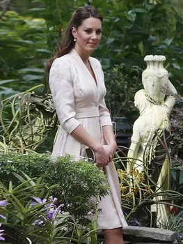 Kate Middleton Prenses Bayanlar Yeni Yüksek Kalite Moda Sonbahar Sütlü Beyaz Baskılı Pileli Zarif Parti Seksi Pist Midi Elbise