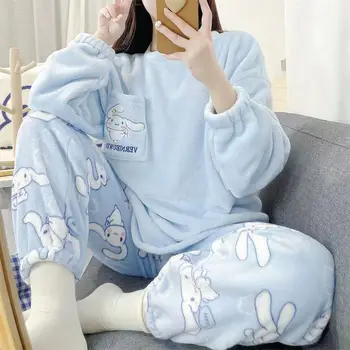 Kawaii Sanrios Cinnamoroll Pijama Pantolon Kadın Sonbahar Kış Sıcak Pazen Pijama Moda Karikatür Ev Giyim Kız Hediye