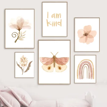 Kelebek Gökkuşağı Çiçek Mİnimalist Boho Kreş Posterler Ve Baskılar duvar sanatı tuval yağlıboya Duvar Resimleri Çocuk Bebek Odası Dekor