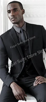 Klasik Iş Siyah Düğün Erkek Takım Elbise Slim Fit Tepe Yaka Damat Resmi Tuxedos3 Adet Setleri Lüks Erkek Blazer Kostüm Homme