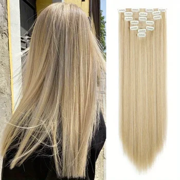 Klipsli postiş Kadınlar için 22 İnç Uzun düz saç uzatma Tam Kafa Sentetik saç Uzatma Saç Parçaları