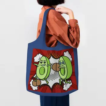Komik Komik Avokado Meyve alışveriş çantası Yeniden Kullanılabilir Meyve Vegan Bakkal Tuval Alışveriş omuz çantaları Fotoğraf Çanta