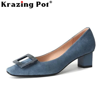 Krazing Pot Koyun Süet Kare Ayak Med Topuklu Yaz Ayakkabı Kalma Olgun Sığ Kare Raptiye Tüm Maç Kayma Kızlık Pompaları