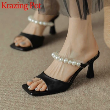 Krazing Pot Yaz Yeni Varış Koyun Bölünmüş Deri Peep Toe Yüksek Topuklu İnci Dekorasyon Olgun Zarif Katı Kadın Sandalet L21