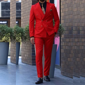 Kruvaze Kırmızı Gevşek Düz 2 Parça Ceket Pantolon Slim Fit Zarif erkek Takım Elbise Resmi Akşam Parti Kostüm Hombre Özelleştirilmiş