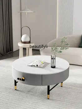 Küçük daire yuvarlak çay masası kombinasyonu ışık lüks oturma odası ev çok fonksiyonlu taş plaka çay masası masa
