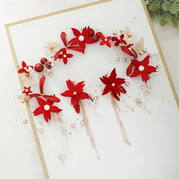 Kırmızı Kurdele Çiçekler Tiara Hairbands Püskül Küpe Setleri 2 Adet İnci Kadın saç takı Düğün kristal boncuklar Kafa Bandı