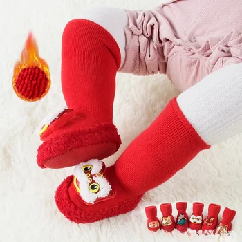 Kırmızı Şenlikli Noel Yeni Yıl Yün Daire Kalınlaşmış Prenses Bebek Ayakkabı ve Çorap çin Rüzgar Tüp kaymaz Yenidoğan Bebek