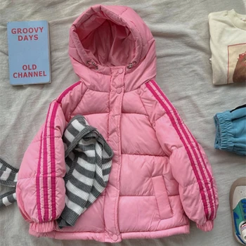 Kızlar uzun kaban Ceket Pamuk Rüzgarlık 2023 Şerit Sıcak Artı Kalınlaşmak Kadife Kış çocuk Giyim-10 Derece Sıfırın Altında