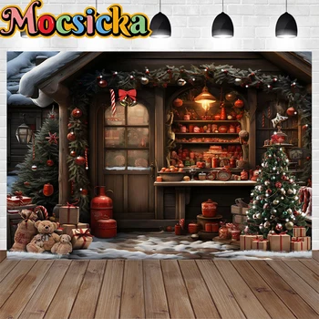 Kış Şeker Hediye Dükkanı Zemin Noel Ağacı Ahşap Ev Yılbaşı Gecesi Arka Plan Stüdyo Fotoğrafçılığı ışık dekorasyonu Sahne