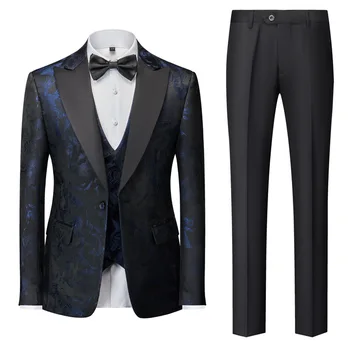 Lansboter Mavi Erkek Takım Elbise 3 Adet Flory Desen İş Günlük Düğün Damat Ziyafet Çalışma Seti Ceket Yelek Pantolon