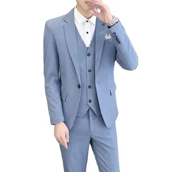 Lansboter Mavi Erkek Takım Elbise 3 Parça Slim Fit Trend Rahat Resmi Kıyafetleri İçin Uygun İş Düğün Seti Ceket Yelek Pantolon