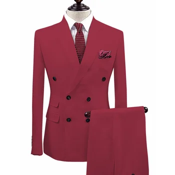 Lansboter Şarap Kırmızı erkek Takım Elbise 2 Adet Yüksek Kaliteli İnce Uydurma Resmi Kıyafetleri İçin Uygun İş Ziyafet İş Ceket Pantolon