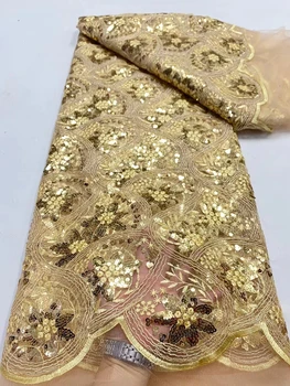 LDPN315 Altın!Kaliteli Afrika tül dantel payetli kumaş, iyi görünümlü işlemeli Fransız dantel için parti / düğün elbisesi