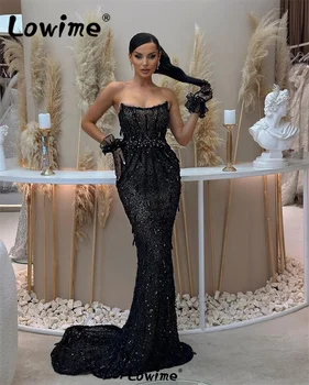 Lowime 2024 Haute Couture Siyah Parti Elbiseler Straplez Boncuklu Sequins Mermaid Örgün Akşam Elbise Elbiseler De Soirée balo kıyafetleri