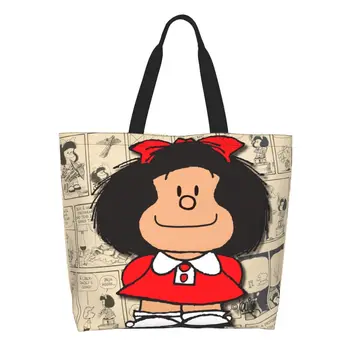 Mafalda Manga Bakkaliye Alışveriş Çantaları Kawaii Baskılı tuval Alışveriş kol çantası Çanta Büyük Kapasiteli Dayanıklı Quino Karikatür Çanta