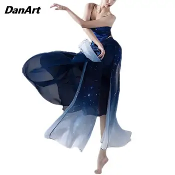 Mavi Kademeli Yıldızlı Gökyüzü Üst Buz İpek Baskılı jartiyer Askısı Tankı Şifon Dans Zarif Klasik DanceLarge Elbise