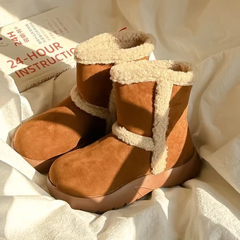 Med Topuk Çizmeler Çizmeler-Kadın Ayakkabı Peluş Kış Ayakkabı Avustralya Yuvarlak Ayak 2023 Orta Buzağı Kürk Kauçuk Orta Buzağı Düz Zarif Kar