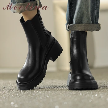Meotina Kadın Hakiki Deri yarım çizmeler Yuvarlak Ayak Platformu Kalın Yüksek Topuklu Fermuar Chelsea Kısa Çizme Bayan Ayakkabıları Sonbahar Kış