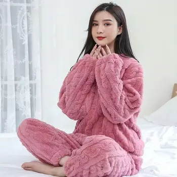 Mercan Kadife Pijama kadın Sonbahar Kış Peluş Kalın Kadife Nervürlü Polar Kazak Üst pantolon seti Ev Giyim İki Parçalı Set